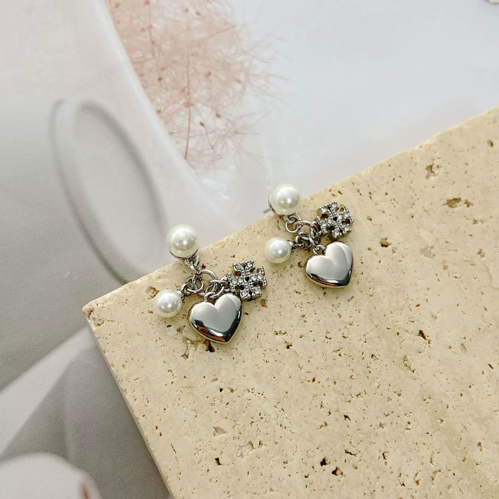 Tory Burch Heart Pearl Letter Rhinestone Earrings